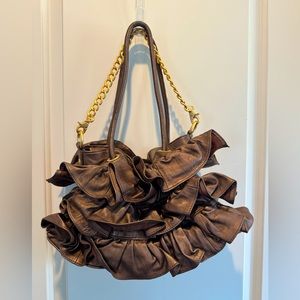 Adrienne Vittadini - Brown Ruffle Shoulder Bag with Gold Chain